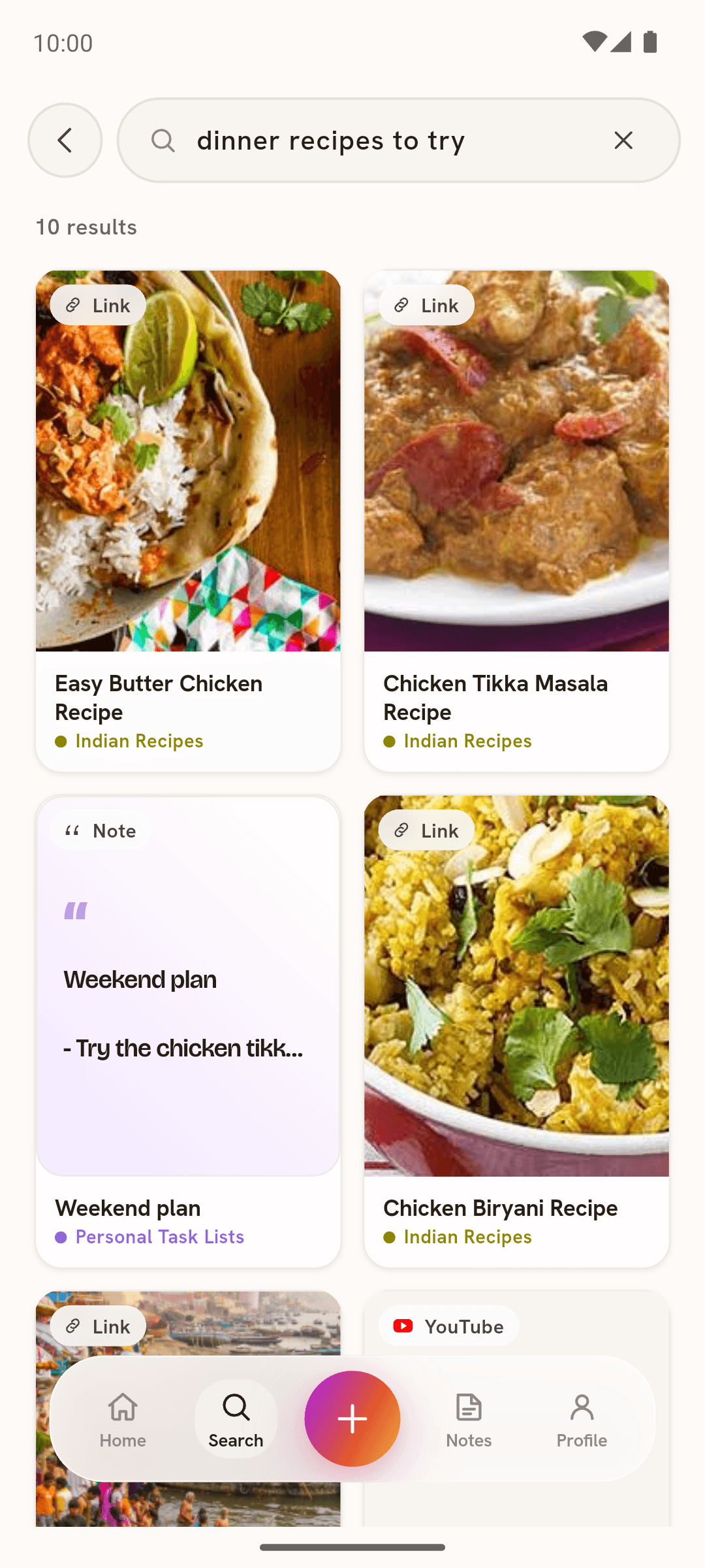 A plain-language search in Pockit for dinner recipes to try, returning ten results with rich thumbnails, filed into real categories like Indian Recipes and Personal Task Lists