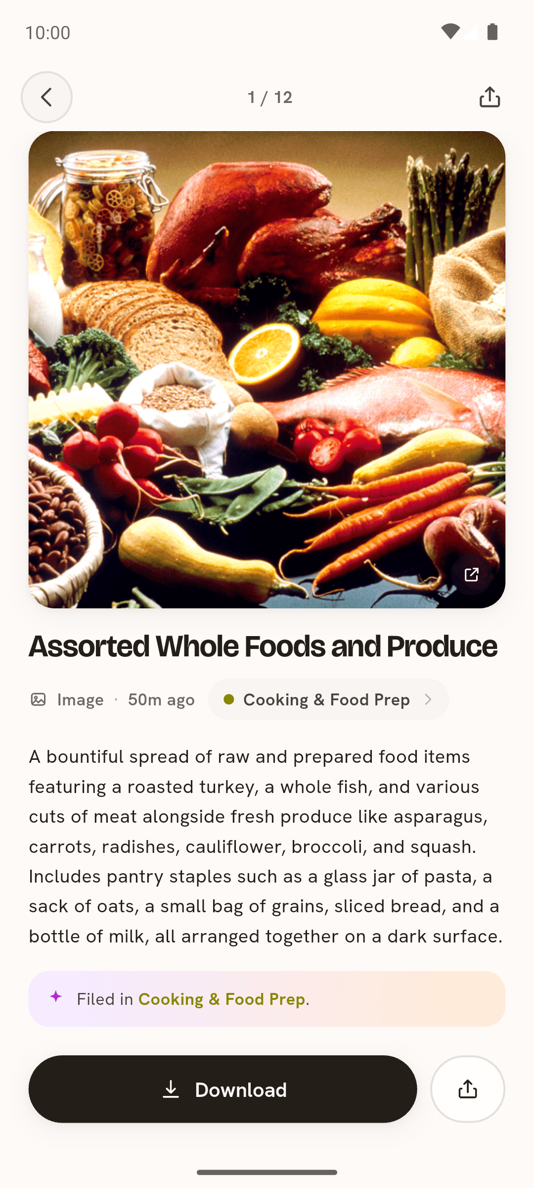 A saved image in Pockit with an AI vision description of a spread of whole foods and produce