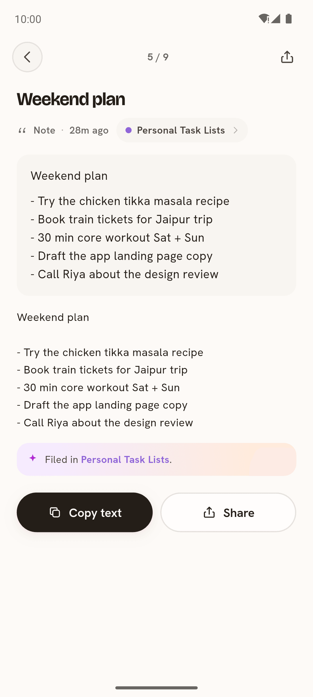 A saved note in Pockit, a weekend plan checklist, filed in Personal Task Lists