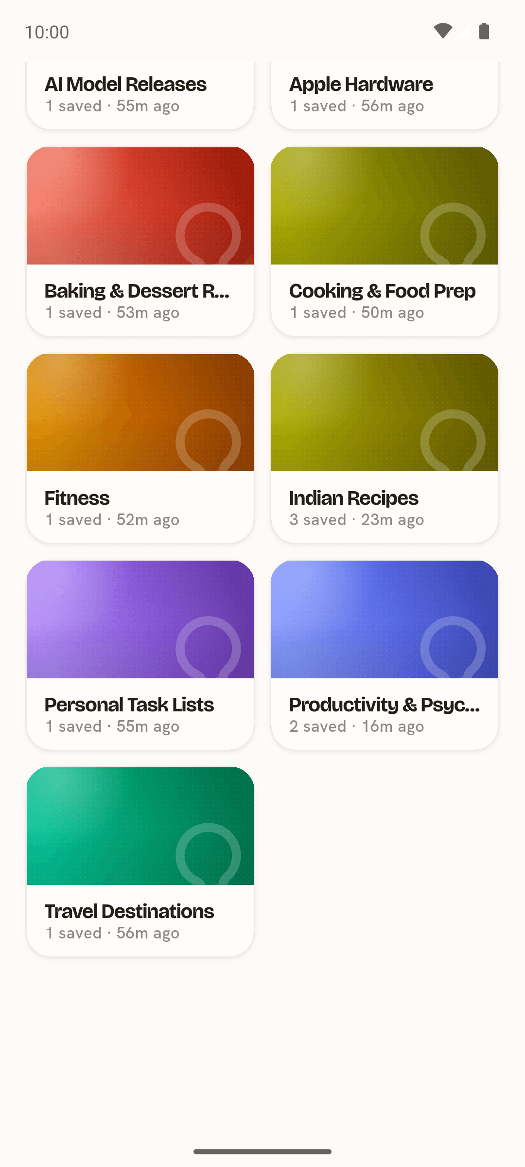 Pockit home showing categories that formed automatically, each a colored gradient tile: Indian Recipes, Productivity and Psychology, Fitness, Travel Destinations and more
