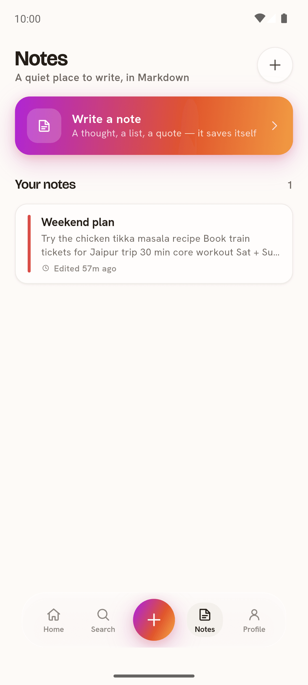 The Pockit Notes tab, a quiet place to write in Markdown, with the gradient Write a note banner