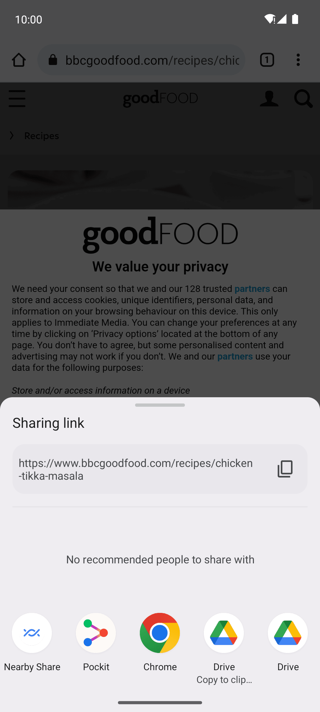 The Android system share sheet with Pockit shown as a share target while sharing a recipe link from a browser